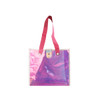 An iridescent clear tote bag with pink handles and a snap closure, featuring one logo.