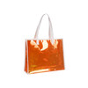 An orange transparent handbag with white handles features a simple design and a logo.