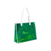 A clear green handbag with white handles, featuring a shiny, reflective surface and a simple design.