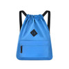 A lightweight drawstring backpack in a vibrant blue colour with a black zippered front pocket and a logo.