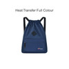A lightweight drawstring backpack in navy blue featuring a front zip pocket and a logo.