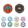 Various poker chips in red, blue, green, and black, featuring a crown design and a logo.