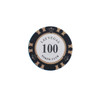 A round poker chip featuring black and gold design elements with a central white circle and a logo.