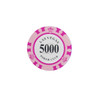 A pink and white poker chip featuring a crown design, labelled with "5000" and "Poker Club."