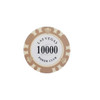 A round poker chip in beige with a white centre, displaying the text "10000" and "Poker Club," featuring a logo.