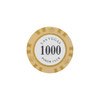 A round clay poker chip in gold and white, featuring a central denomination of 1000 and branding elements.