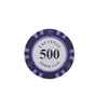 A purple poker chip featuring a white centre with a design, labelled "500" and "Poker Club."