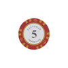A round red poker chip featuring a white centre with a number five and a decorative gold and yellow border, including a logo.