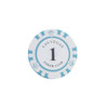 A round poker chip featuring a blue and white design, with a central "1" and a crown motif.