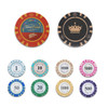 A set of colourful poker chips in various designs, including red, blue, black, and pink, featuring a crown motif.