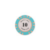 A round poker chip in turquoise and beige, featuring a white centre with the number 10 and a design around the edge.