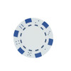 A circular poker chip in white with blue accents and markings, featuring a logo in the centre.