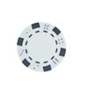A round ABS poker chip featuring a white base with black accents and dice designs around the edge.