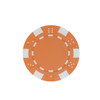 An orange poker chip with white segments and dots, featuring a circular design. It includes a logo in the centre.