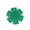 A green poker chip with white accents and patterns, featuring circular and square designs.