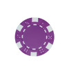 A purple poker chip with white accents and a circular shape, featuring dice designs. It has a logo in the centre.