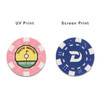Two ABS poker chips; one pink with a central design and one blue with a logo. Both feature white accents.