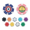 A set of ABS poker chips in various colours, featuring different designs and a logo on one chip.