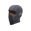 A black winter balaclava cycling face mask with a fiery graphic on the front and a logo on the side.