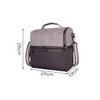A grey and black two-compartment lunch bag with a handle and adjustable strap, featuring dimensions displayed.