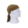 A brown cycling bandana hat displayed on a white mannequin head, featuring a breathable fabric and a back tie.