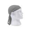 A grey cycling bandana hat displayed on a mannequin head, featuring a tied back design and a breathable fabric.