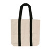 A cream canvas tote bag with black handles and a logo. Suitable for personalised designs.