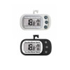 Two ambient thermometers in white and black, featuring digital displays and buttons, each with a hook for hanging.