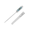 An instant read meat thermometer with a long stainless steel probe and a digital display, in white and light blue.