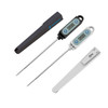 Instant read thermometers with long probes in black and white, featuring digital displays and attached covers.