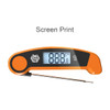 A digital instant read meat thermometer in orange with a stainless steel probe and a digital display.