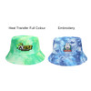 A tie dye bucket hat featuring green and blue patterns, with a logo and an embroidered design.