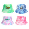 Four tie dye bucket hats in green, blue, and pink with various logos and designs.