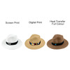 Three Panama beach sun hats in white, beige, and brown, each featuring a black band with different designs.