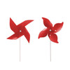 A red four-leaf pinwheel with a white stick. It features four curved blades and has a logo.