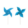 Two blue four-leaf pinwheels on white sticks, featuring a simple design with a central fastening.