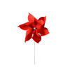 A red, six-leaf pinwheel on a white stick, featuring a central hub. The pinwheel has a sleek design.