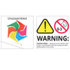 A six-leaf pinwheel in bright red, blue, yellow, green, and pink colours, with assembly instructions and a warning label.
