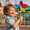 A child smiles while holding a vibrant five-leaf pinwheel in red, yellow, green, and blue, with a logo visible.