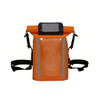 An orange waterproof crossbody handlebar bag features reflective strips and adjustable straps. It has a clear front pocket.