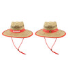 A natural straw hat with a wide red brim and a decorative band featuring a logo.