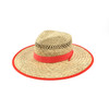 A natural straw hat with a wide brim, featuring a red band around the crown. It has a logo.