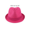 A pink straw hat with a wide brim and a decorative band, featuring a logo. Perfect for sunny days.