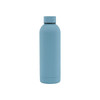 A drink bottle in a soft blue finish, featuring a rubber coating and a double wall design. It has a small logo.