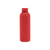 A drink bottle in matte red with a rubber-coated finish and a double-wall design, featuring a logo.
