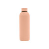 A drink bottle with a rubber-coated finish, featuring a sleek design in a soft pink shade and a branded logo.