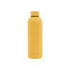 A drink bottle in bright yellow, featuring a rubber-coated exterior and a double wall design. It has a logo on it.