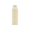 A drink bottle in a creamy beige colour with a rubber-coated exterior and a double wall design. It has a logo on it.