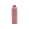 A drink bottle with a rubber-coated finish in a soft pink hue, featuring a double wall and a black lid.