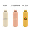A drink bottle collection featuring a cream, pink, and yellow rubber-coated double wall design, each with a logo.